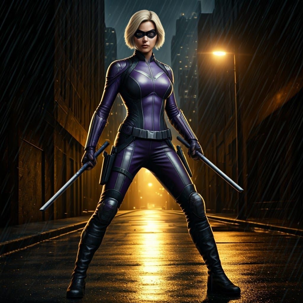 Adrianne Palicki as Barbara Morse, aka Mockingbird, stands poised in a gritty, rain-drenched urban alleyway, the faint, ...