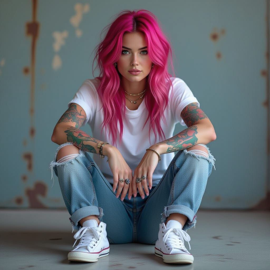 Edgy Woman with Pink Hair in Digital Matte Painting Style