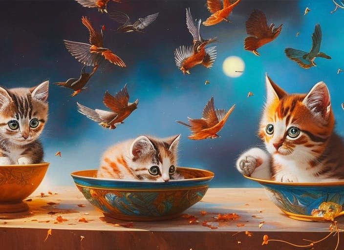 Kittens Watching Birds: Vibrant Splash Art