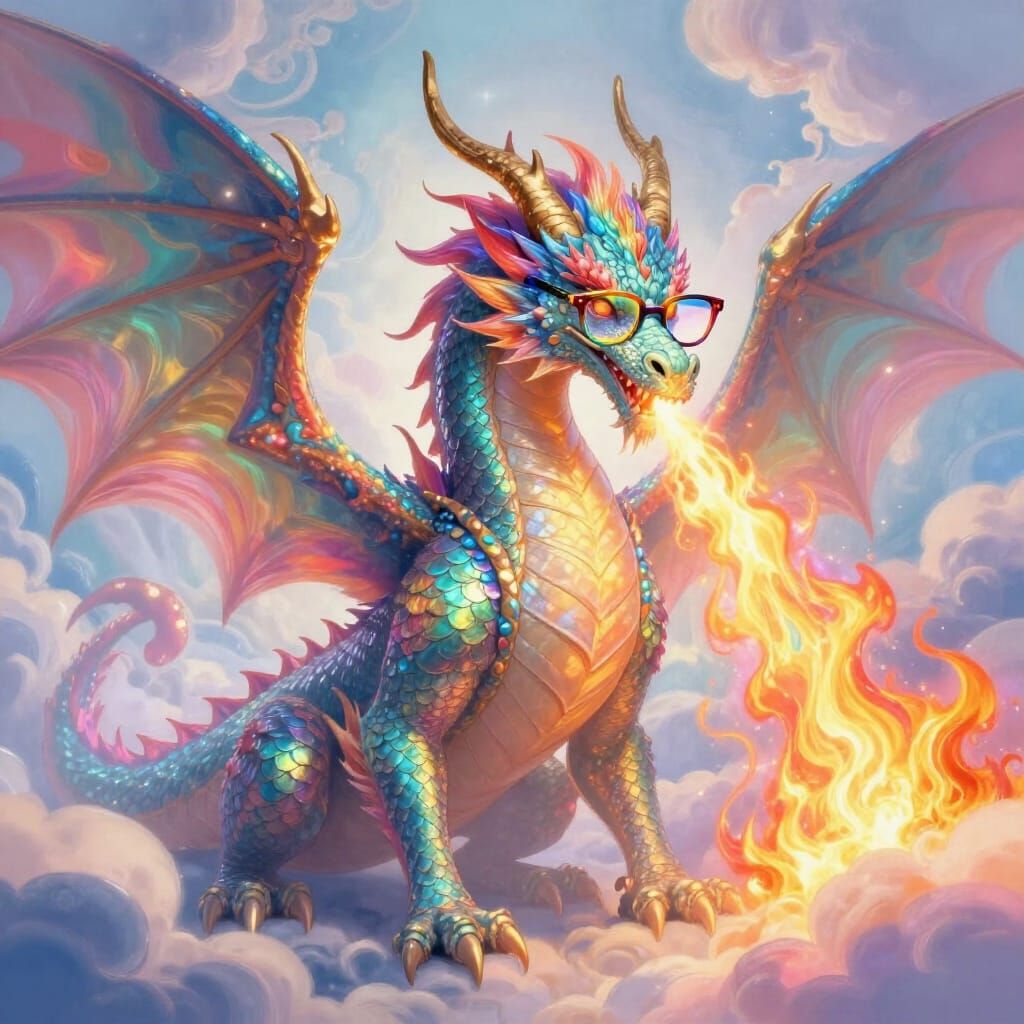 Rainbow Dragon With Glasses Breathes Fiery Rainbows