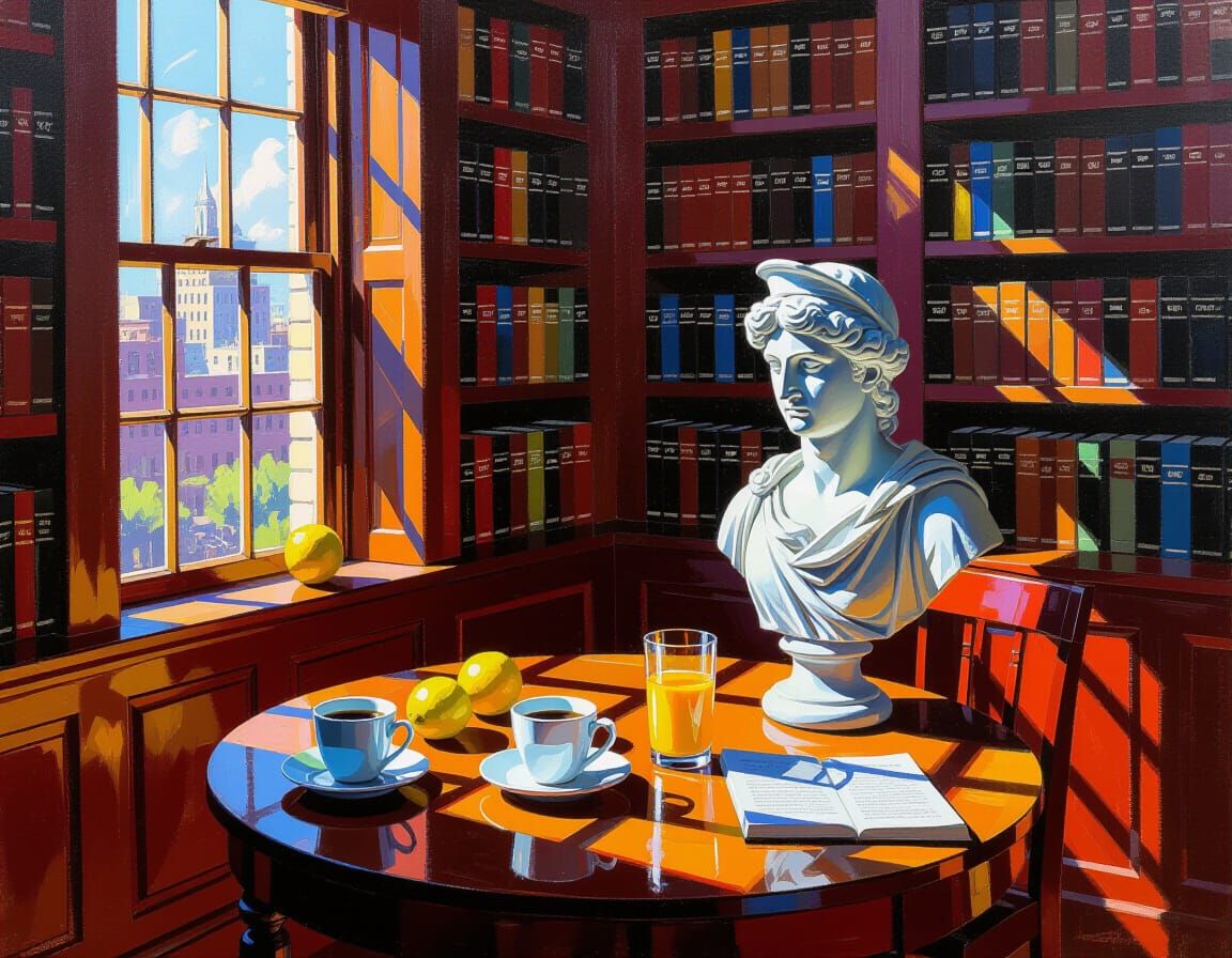 Abstract Expressionist Room with Bookshelves and Still Life