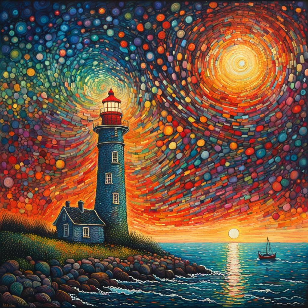 Colorful Zentangle Lighthouse in Brittany as Impressionism O...