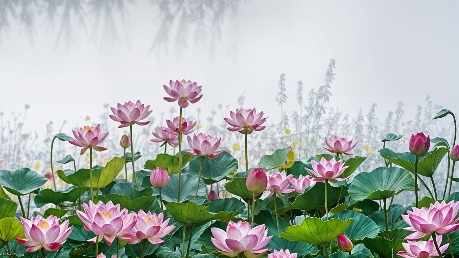 Detailed Lotus Flowers in Foggy Setting
