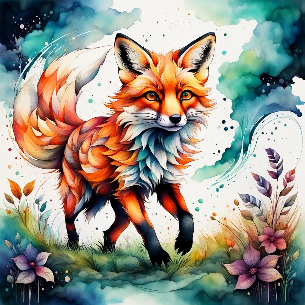 Fox Running in Meadow: Watercolor and Ink Style