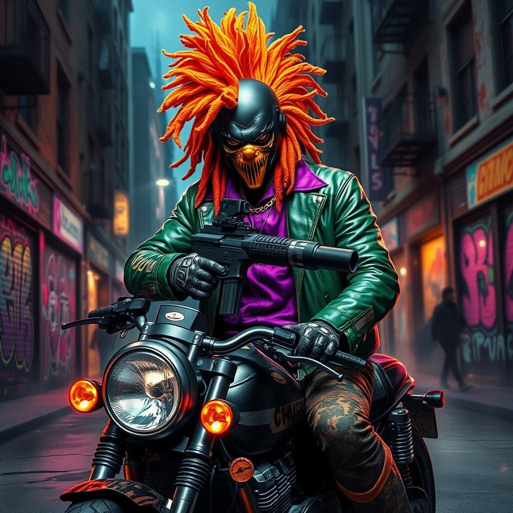 Cyberpunk Samurai Clown in Dystopian Metropolis