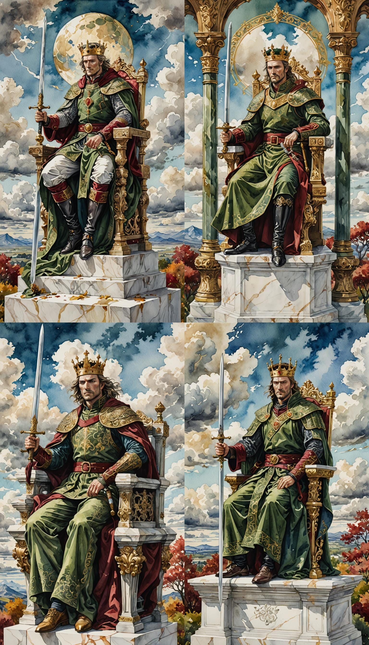 King of Swords in Watercolor with Autumn Landscape