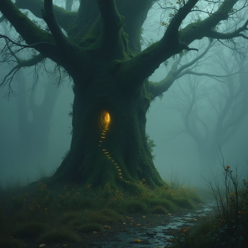 Ancient Tree in Misty Land with Spectral Flowers