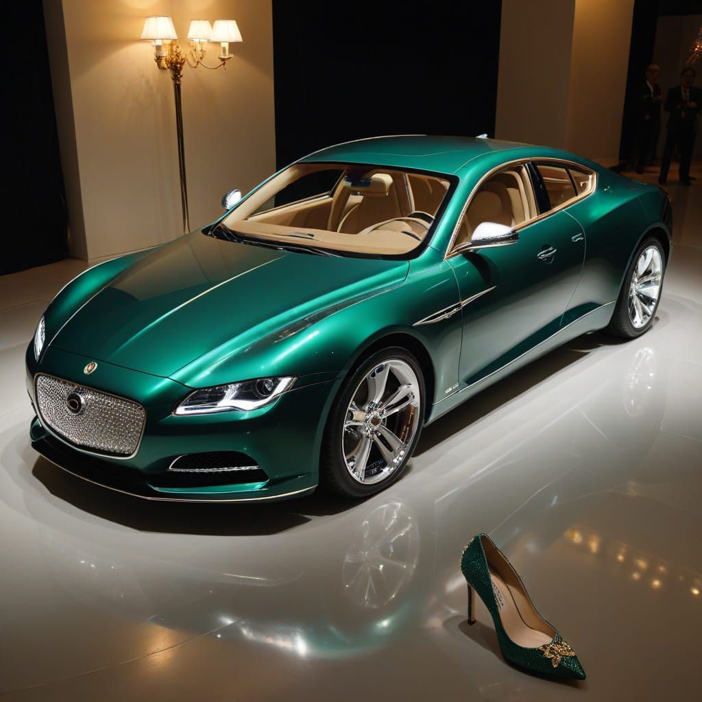 Emerald Luxury Car and Satin Shoes in Opulent Detail
