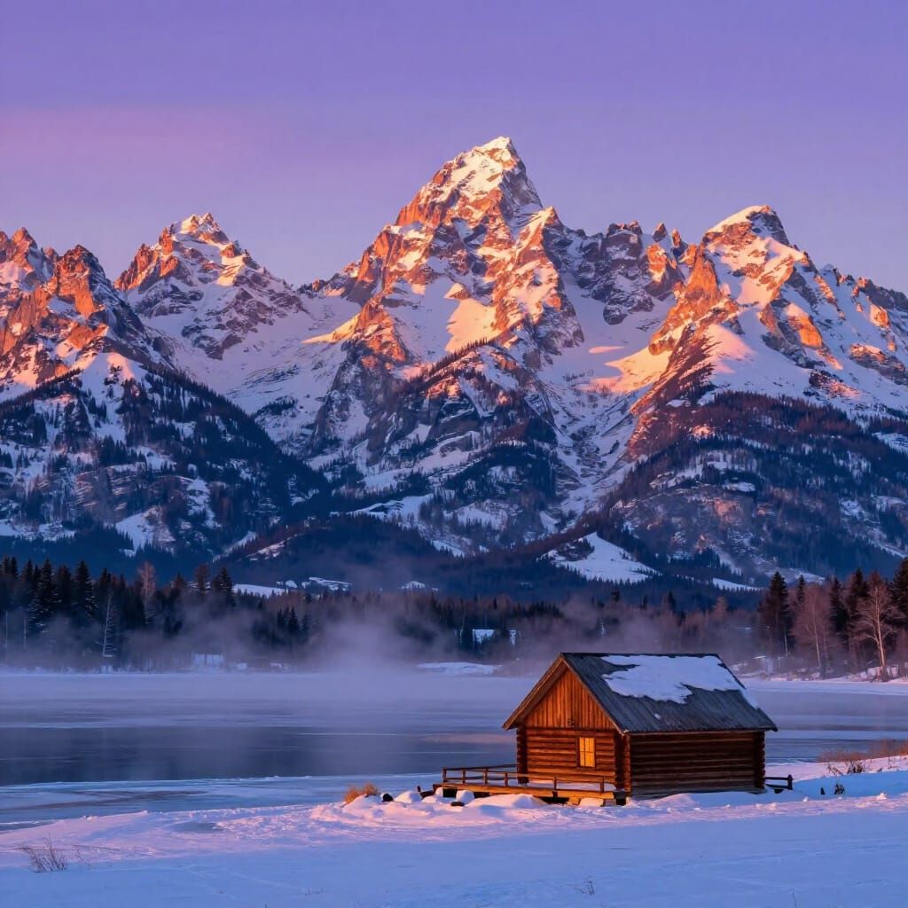 Winter Sunset Over Teton Mountains and Frozen Lake