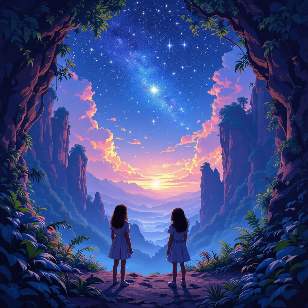 Starry Night Sky: Fantasy Landscape in Matte Painting Style