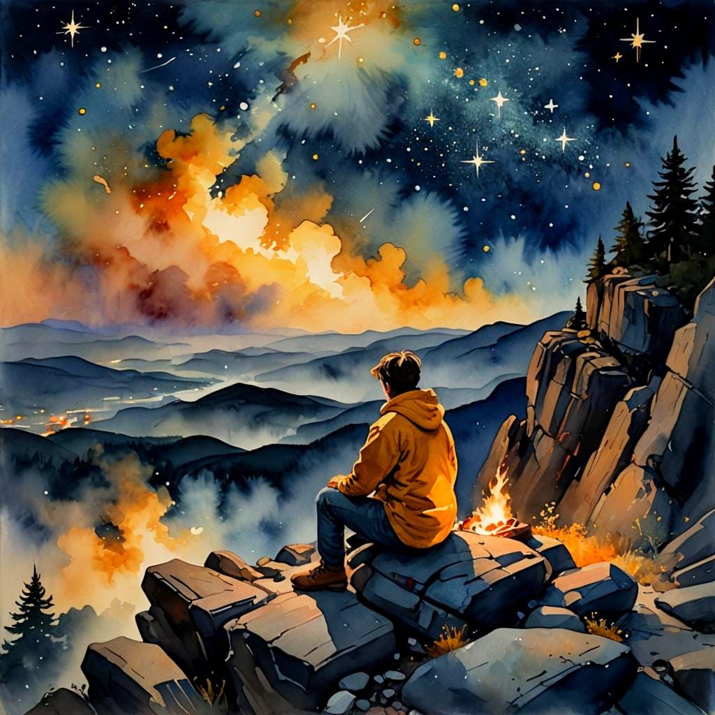 Romantic Nighttime Scene with Starry Sky and Flickering Embe...