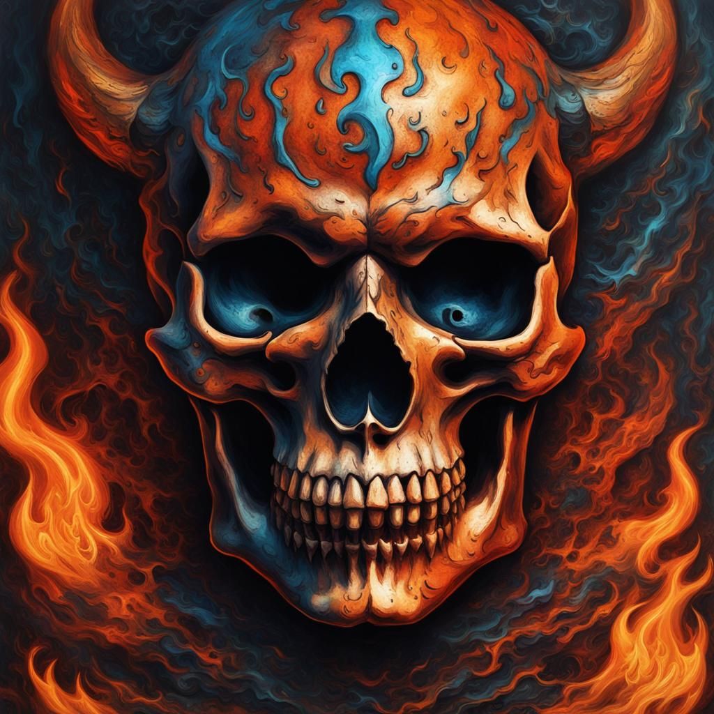 Eerie Skull with Piercing Gaze in Fiery Depths