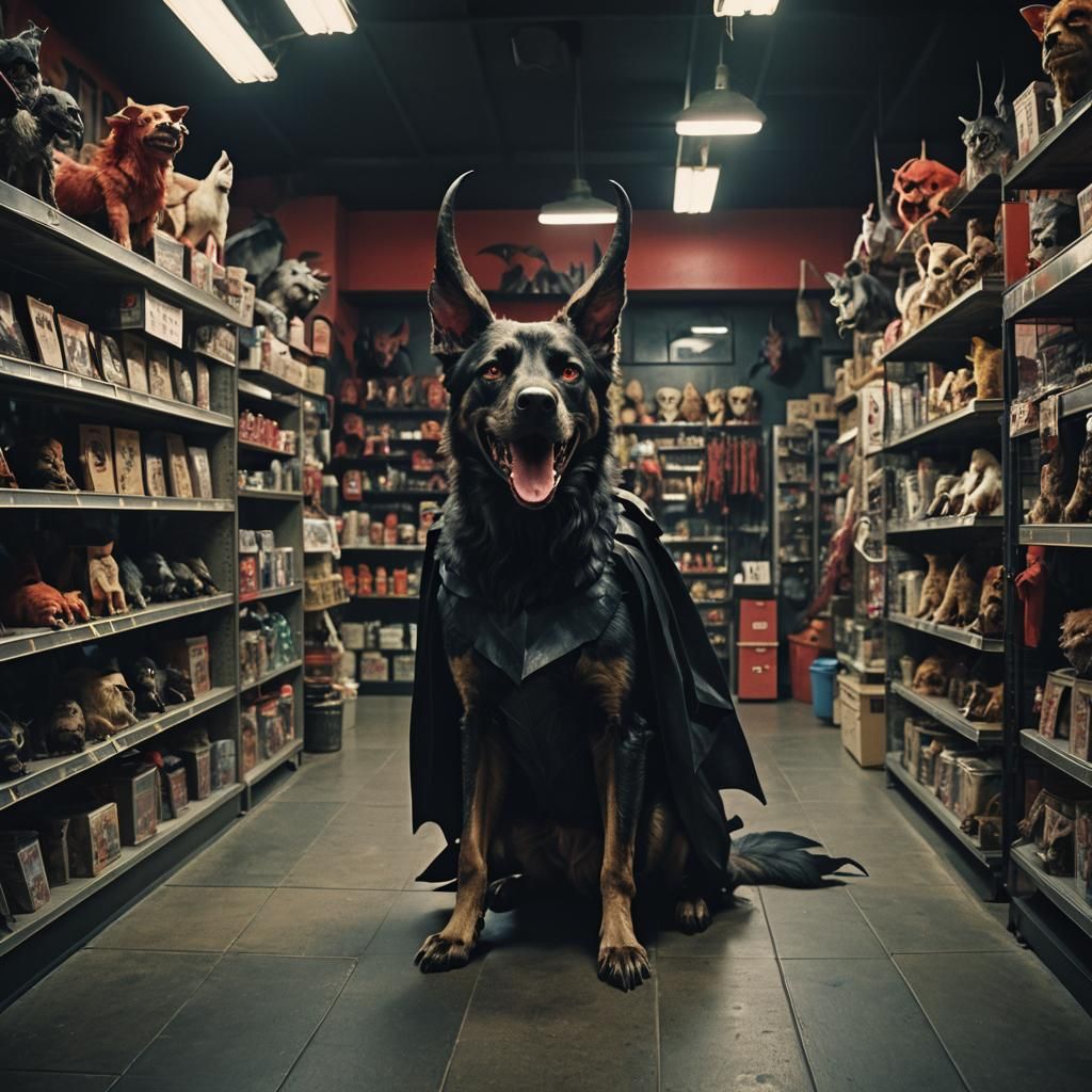 Demonic Dogs in a Dark Pet Store: Cinematic Still