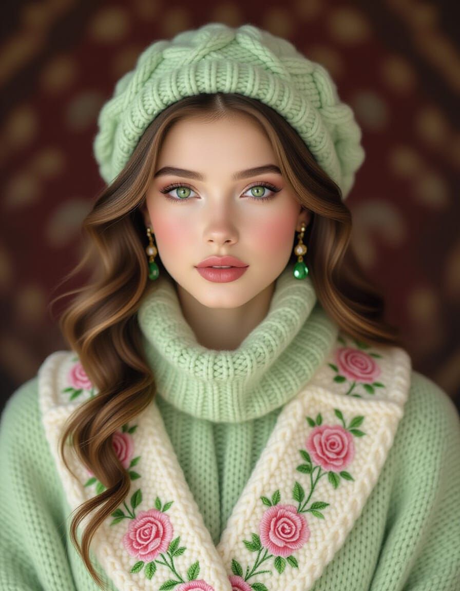 Woman in Knitted Green Hat and Scarf with Rose Patterns