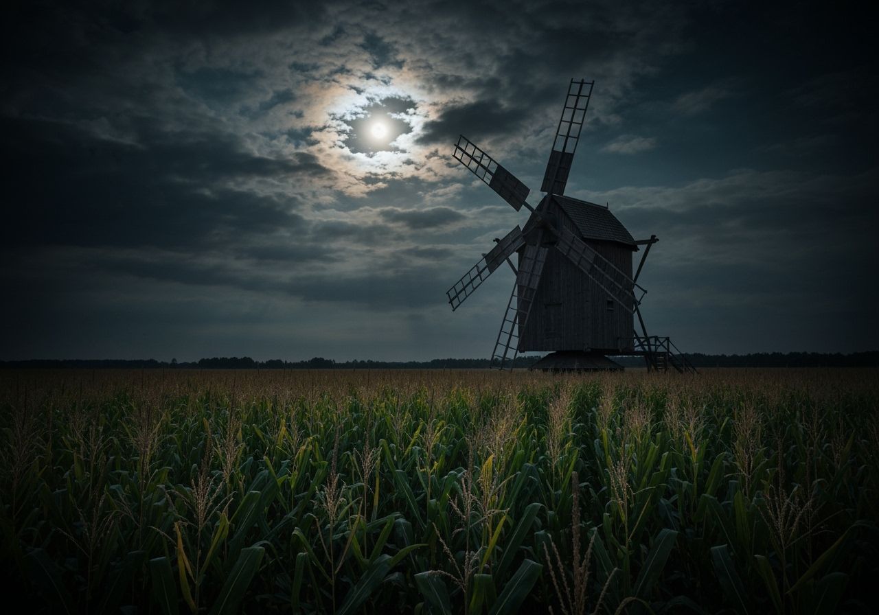 Haunting Old Windmill in Moonlit Cornfield