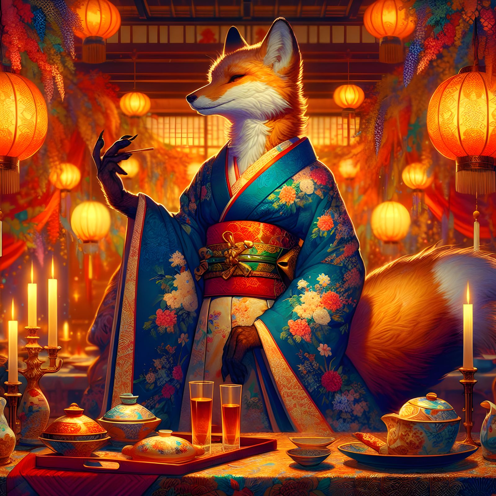 Anthropomorphic Fox in Kimono at Oriental Dinner Party