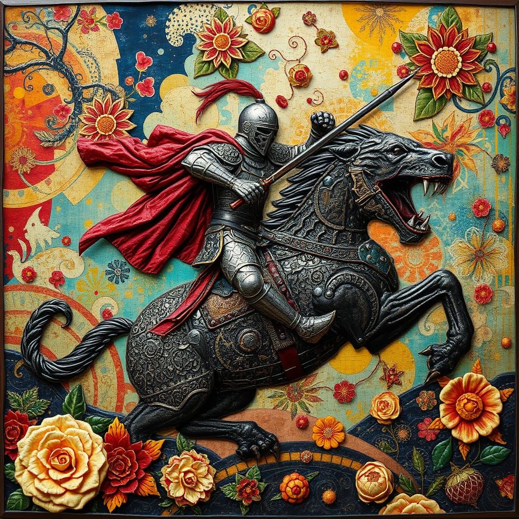 Knight Battles Beast in Bohemian Encaustic Style