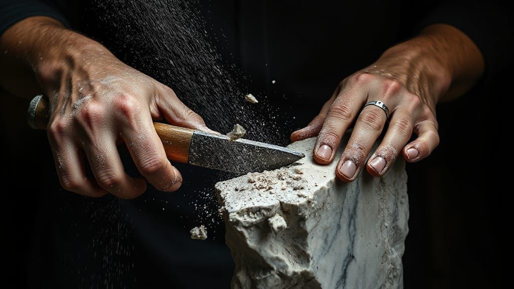 Sculptor's Hands Chiseling Marble in Dramatic Spotlight