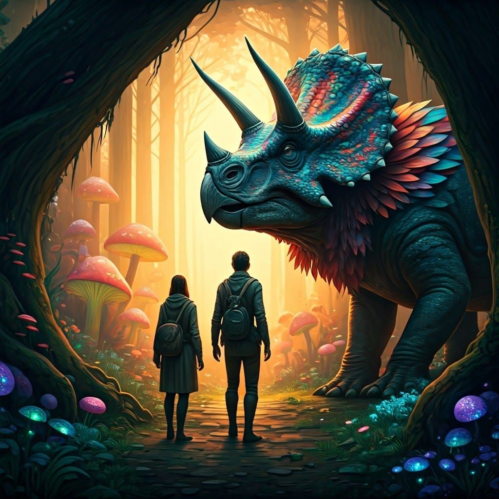 Adventurers Meet Triceratops Guardian in Mystical Forest