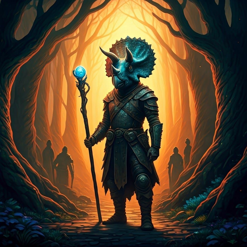 Triceratops Adventurer in Mystical Forest, Artstation Style