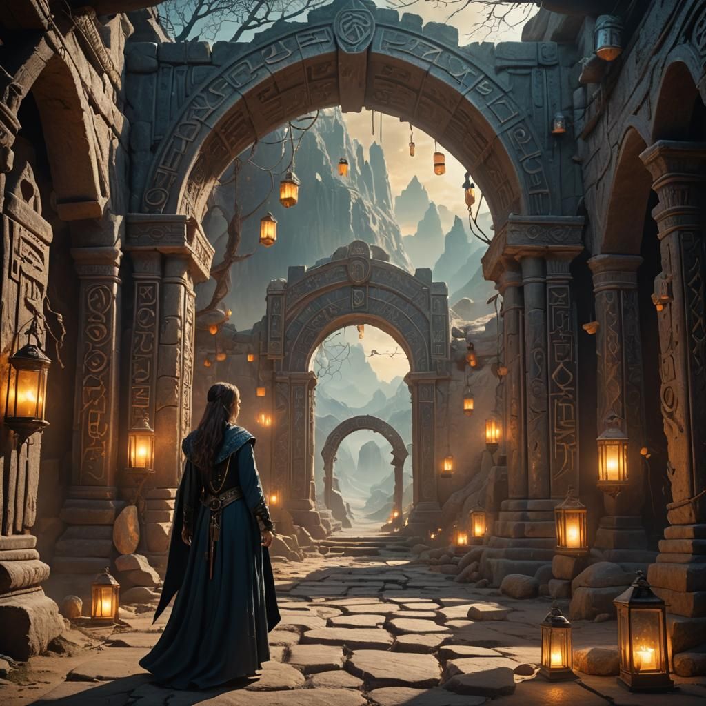 Fantasy Sorceress in Mystical Archway