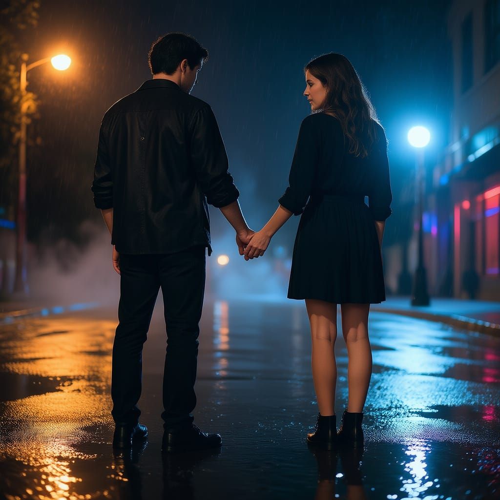 Rainy Night Couple's Tension: Almost Touching Hands