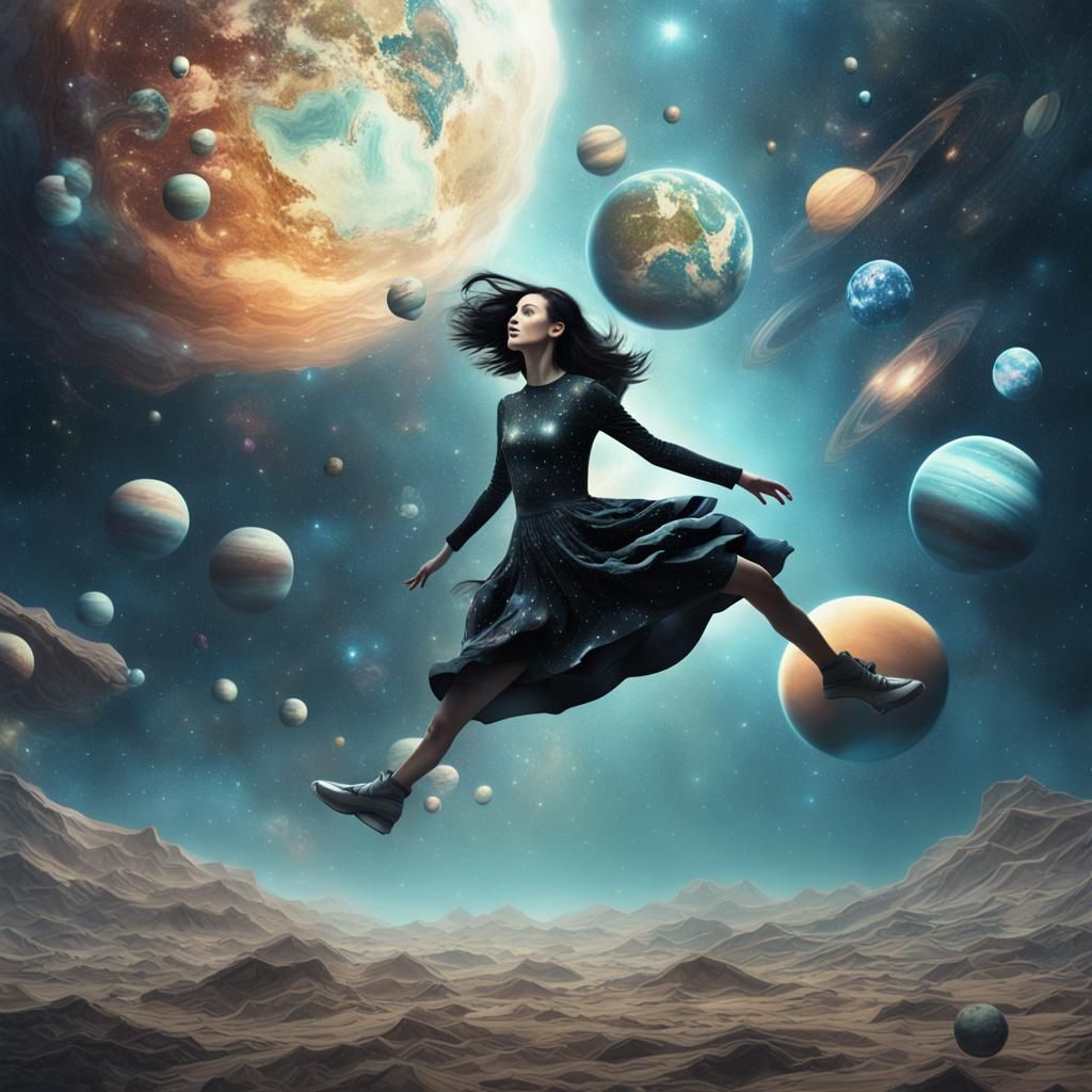 Surreal Figure Leaping from Earth into Space