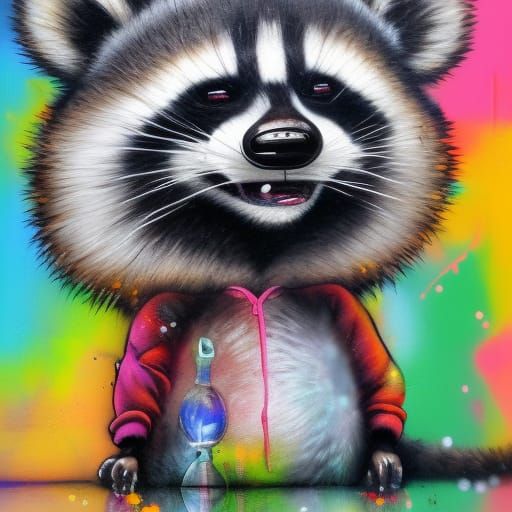 Chibi Raccoon Portrait in Polychromatic Street Art Style