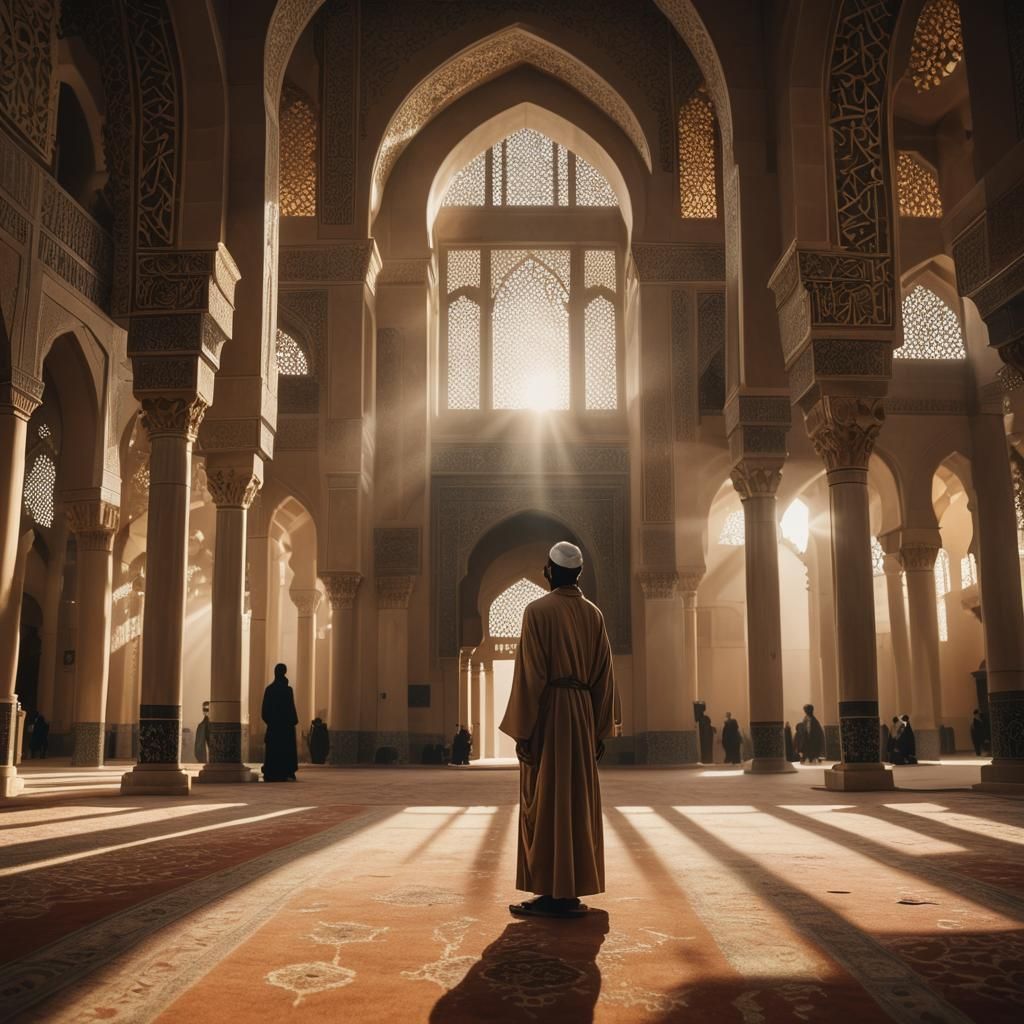 Figure Praying in Mosque with Golden Light