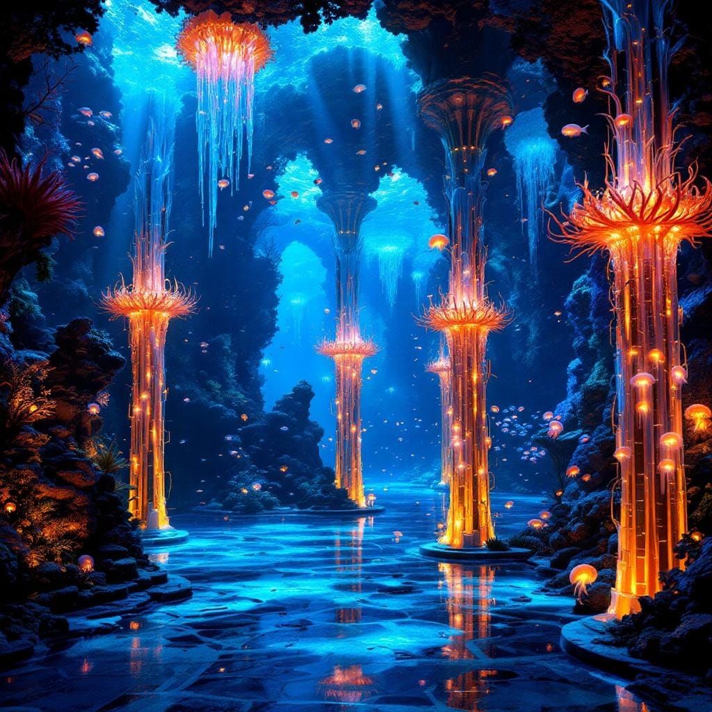 Bioluminescent Underwater Cathedral with Crystal Coral Spire...