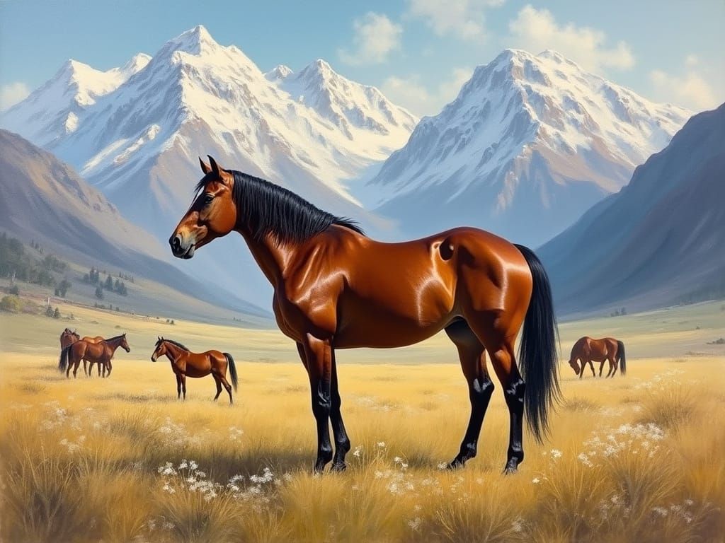 Majestic Horse in Mountain Meadow Oil Painting