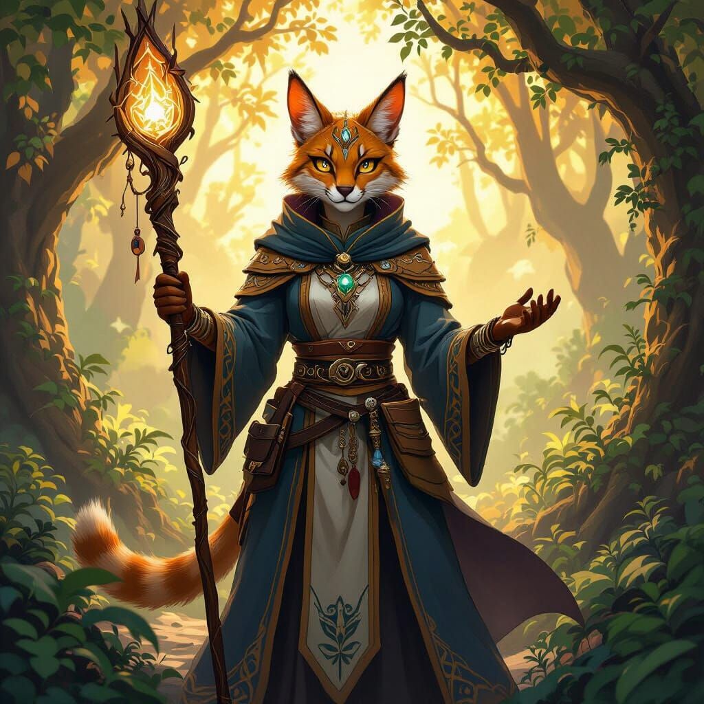 Female Tabaxi Wizard in Mystical Forest, Golden Lighting