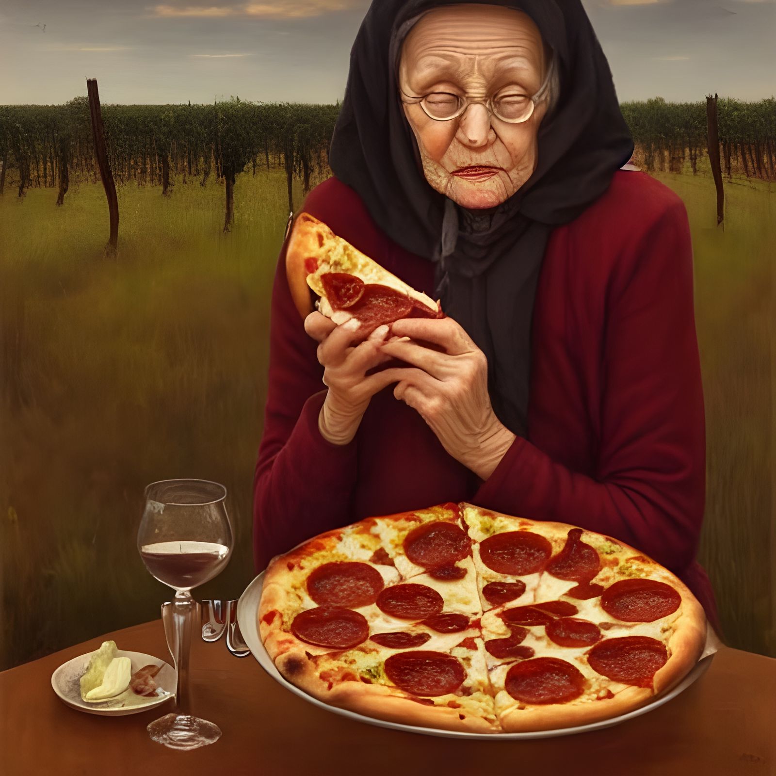 Elderly Woman's Pizza and Wine Feast