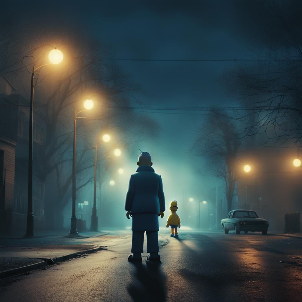 Homer Simpson in Ominous Elm Street Scene