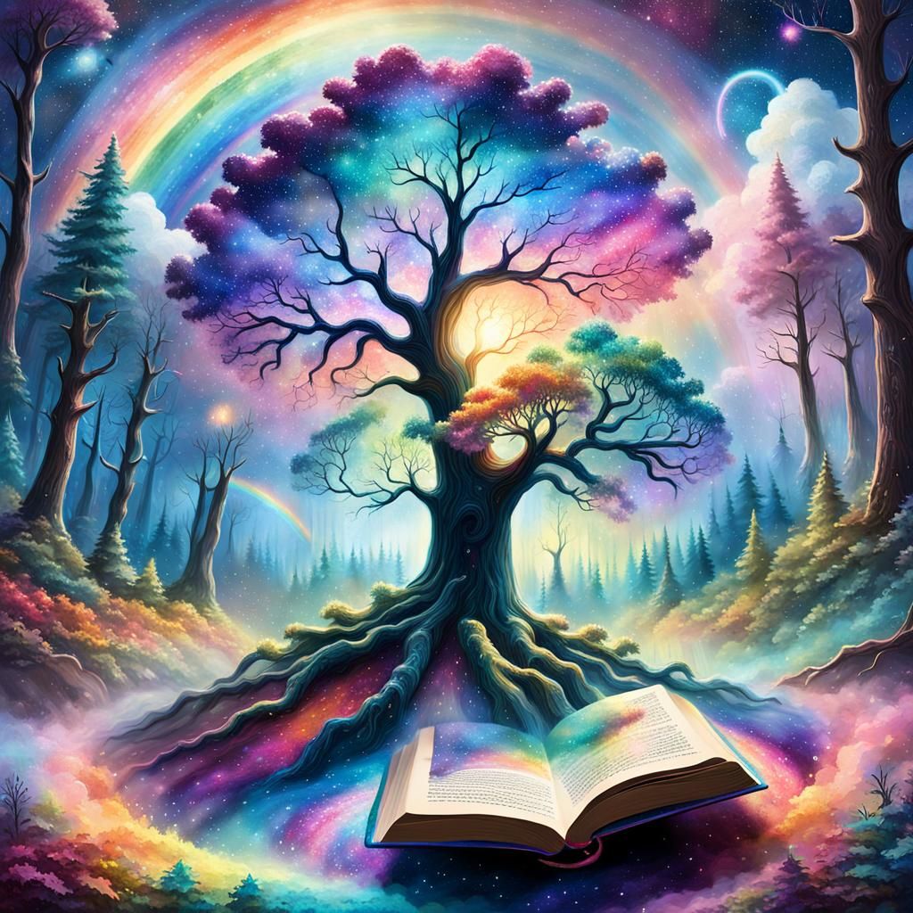 Rainbow Galaxy Emerges From Book in Pastel Forest