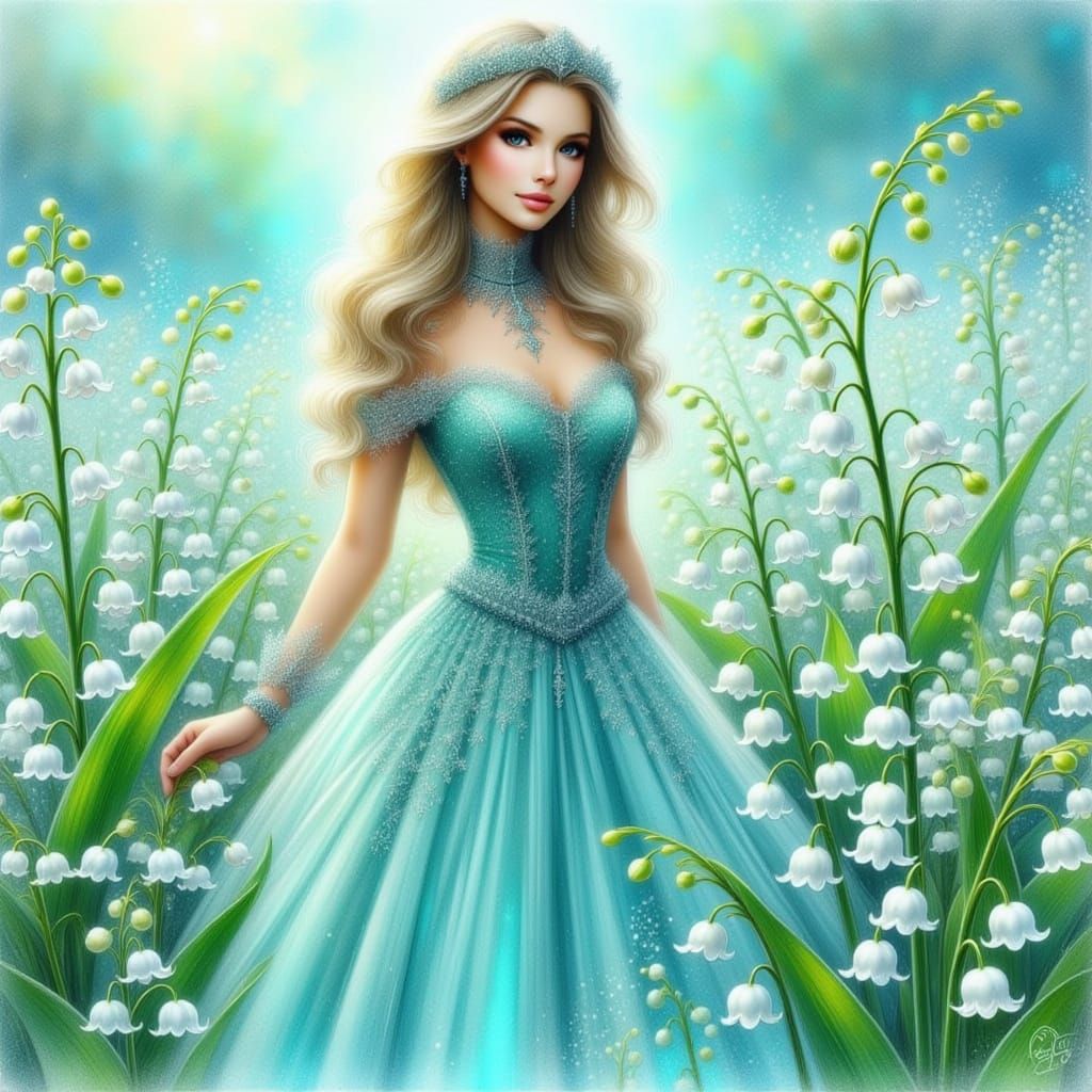 Ethereal Woman in Blue Gown Amidst Lily of the Valley