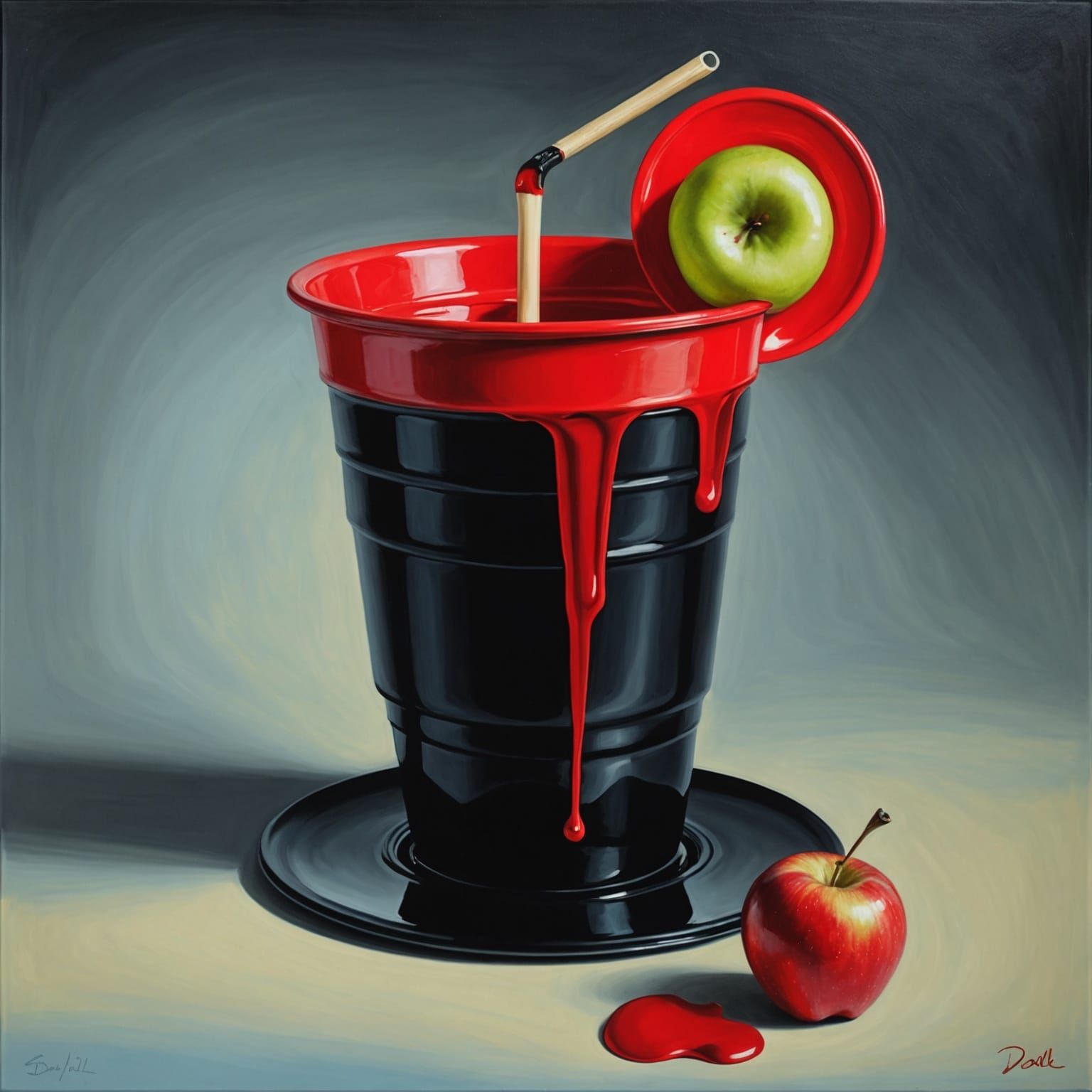 Surreal Melting Apple, Tape, and Cup Oil Painting