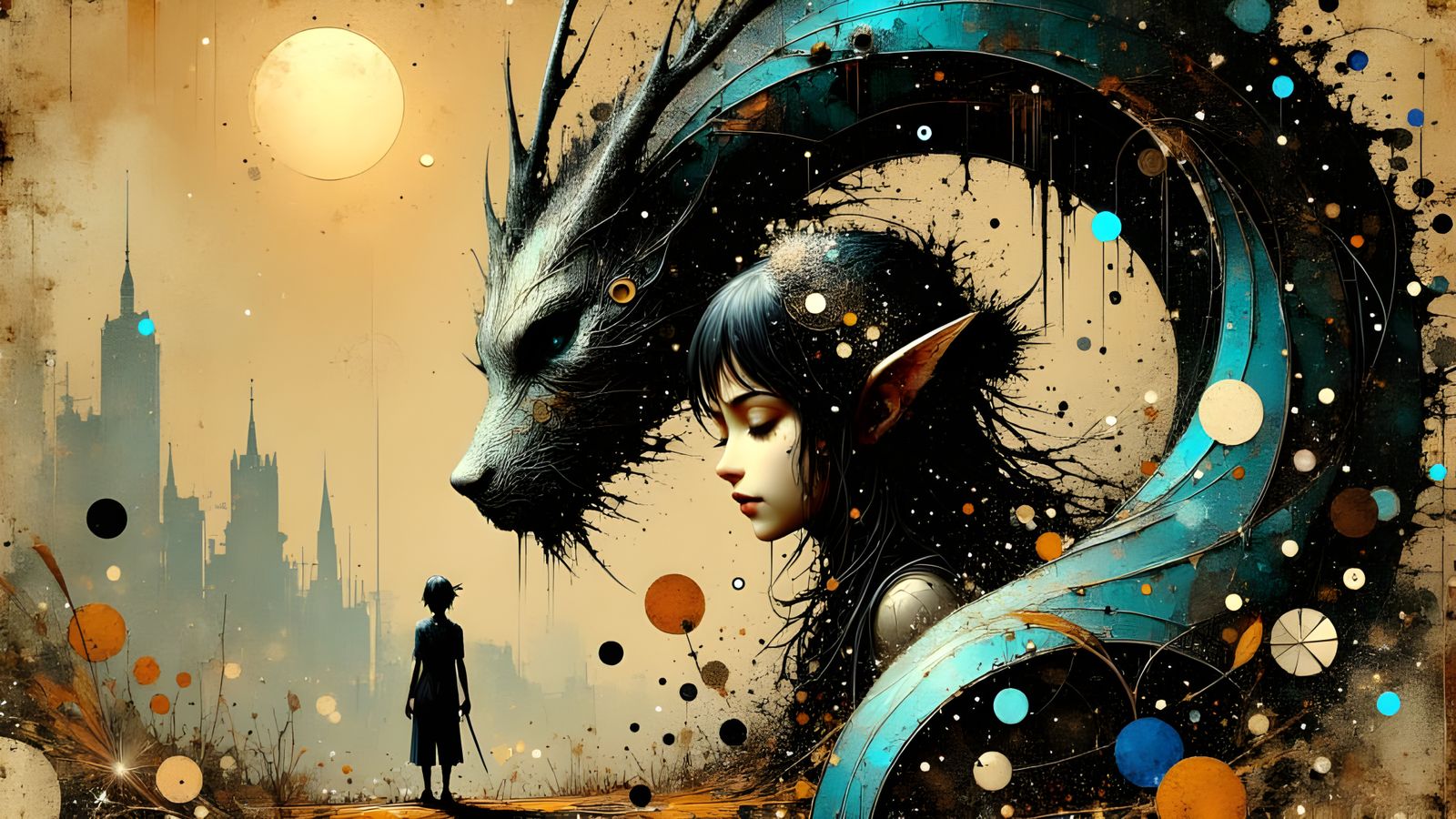 Dragon and Rogue in Enchanted Field, Watercolor Style