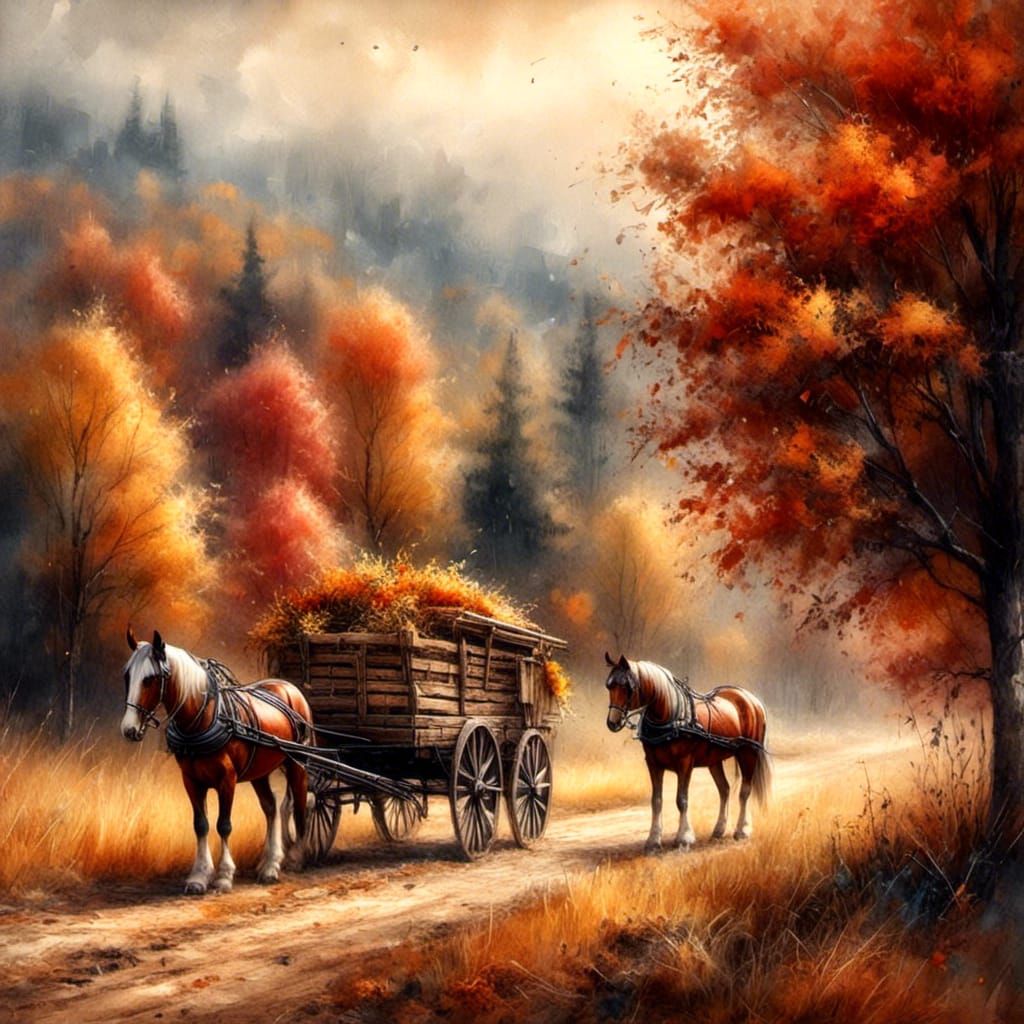 Autumn Hayride in Antique Watercolor Impasto Style