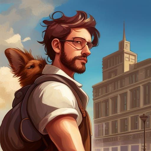 Hipster Dog Walker in Dynamic Lighting
