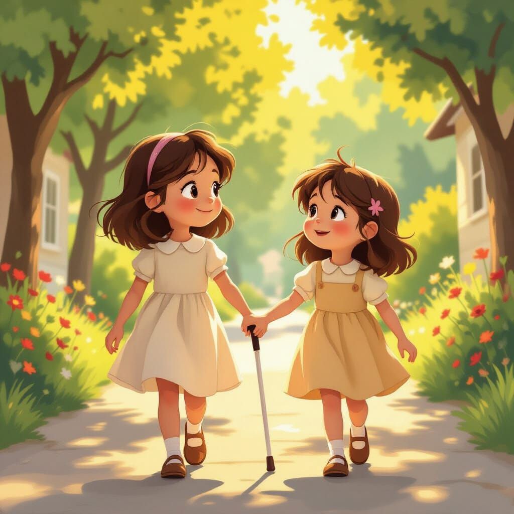 Two Friends Walking Together in Gentle Sunlight