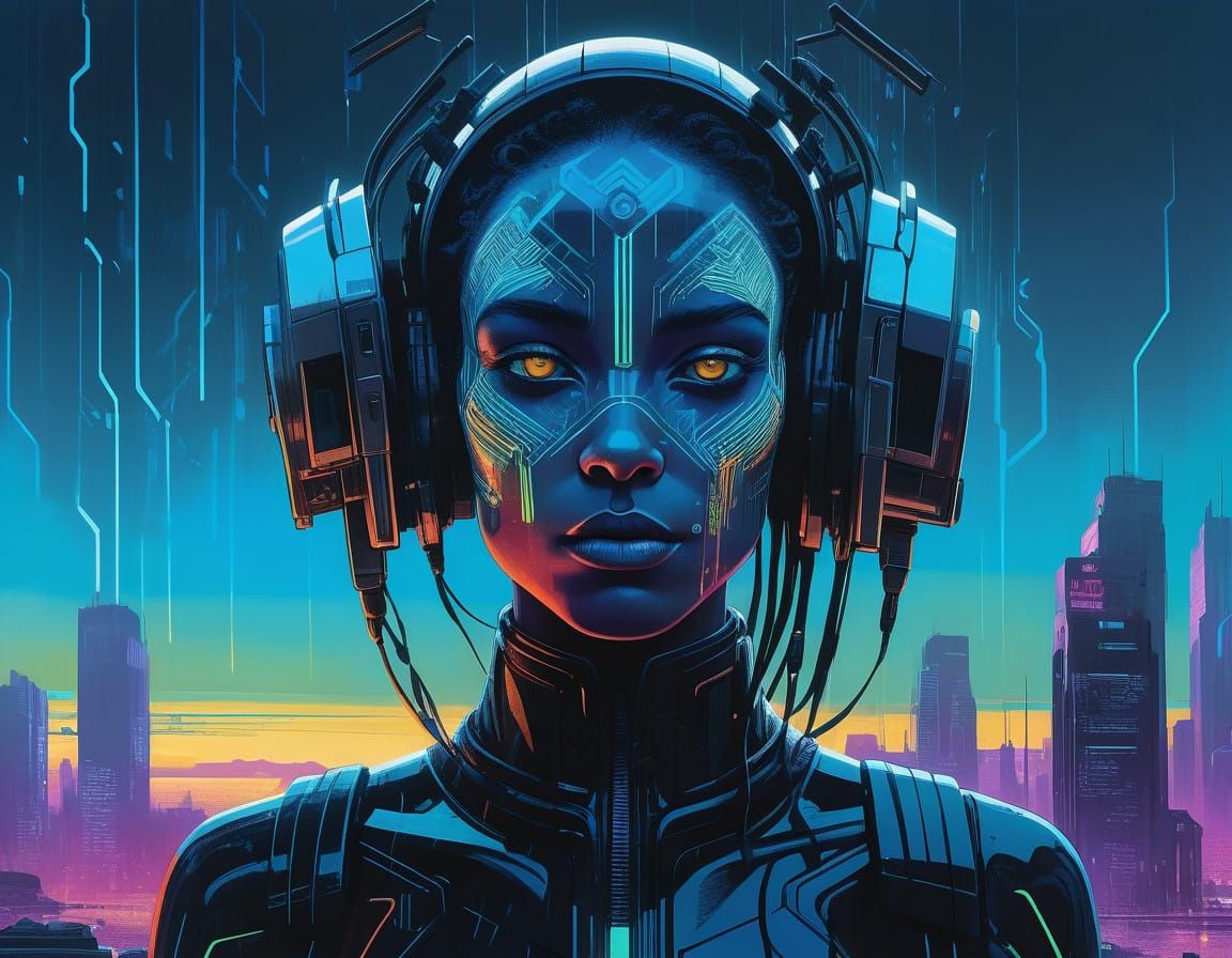 Cyberpunk Goddess in Neon-Lit Urban Landscape