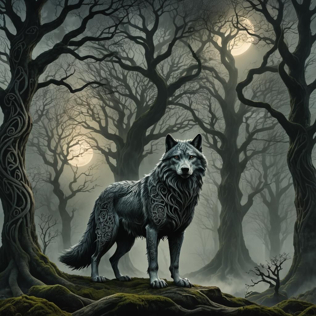 Celtic Wolf Deity in Mystical Forest Realm