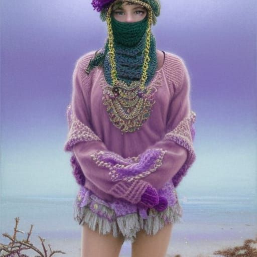 Woman in Crochet Balaclava on Winter Beach