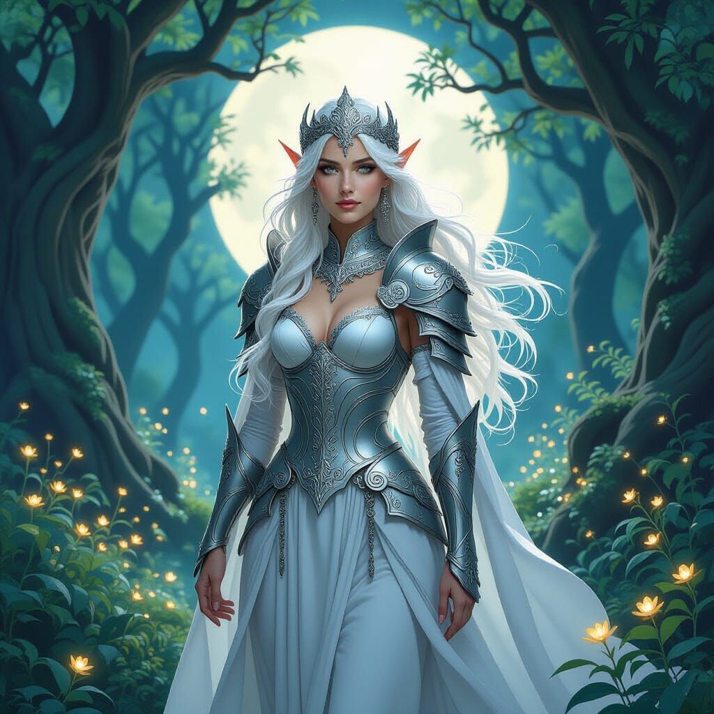 Elf Queen in Moonlit Forest, Art Nouveau Style