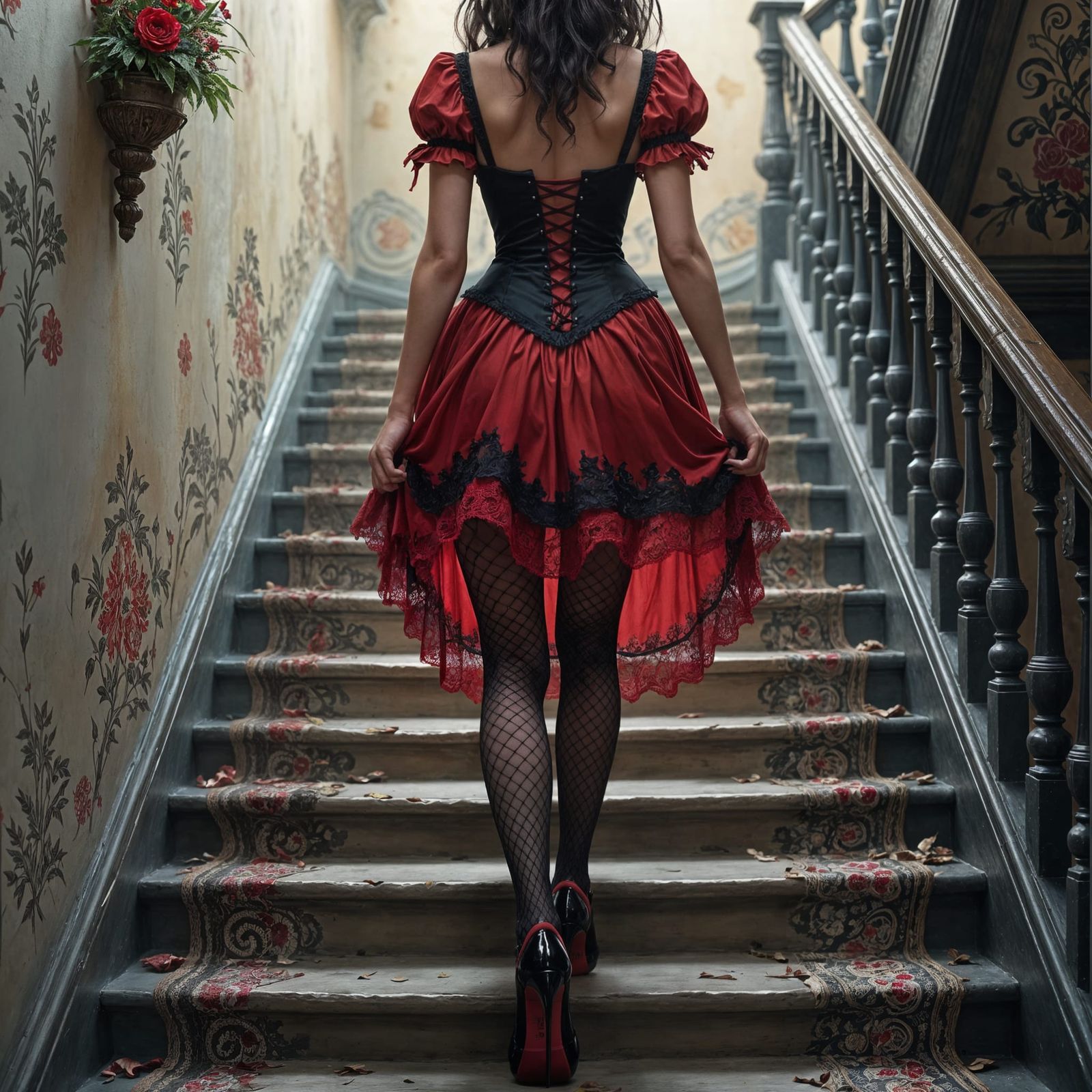 Fantasy Wench in Red Gown on Narrow Staircase