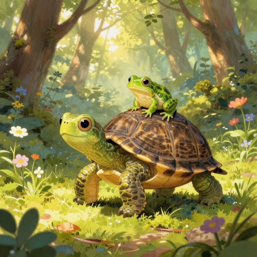 Turtle Guides Lost Frog Home in Storybook Style