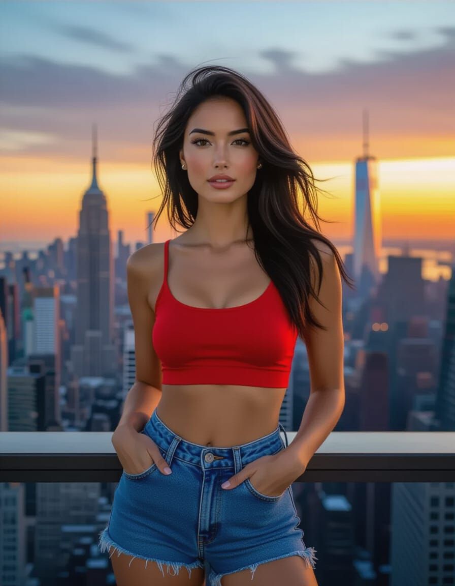 Confident Woman Poses at Sunset on Rockefeller Center