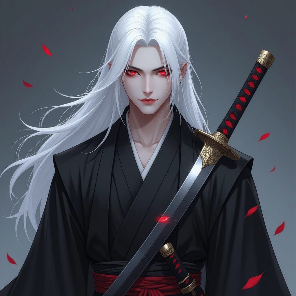 Anime-Style Youth with Sword and White Hair