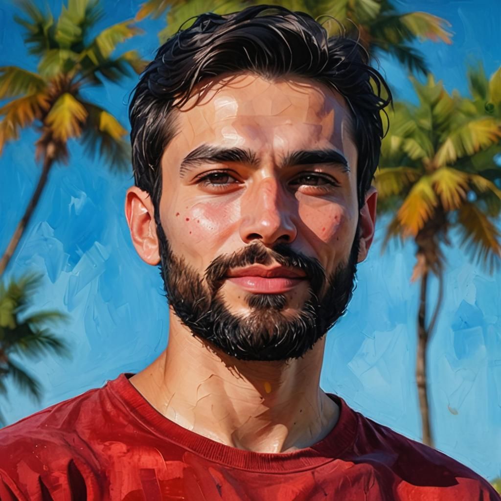 Handsome Man with Black Beard as Impasto Oil Painting
